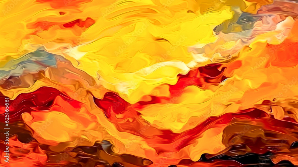 Poster painting of yellow and red sky with clouds and mountains in the background. generative ai.