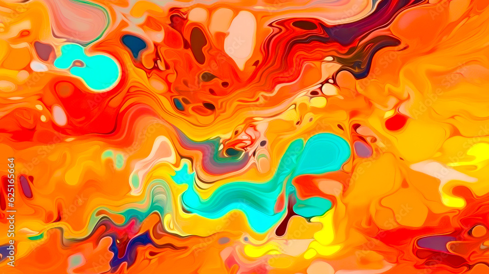Poster abstract painting with multicolored paint and white circle in the middle. generative ai.