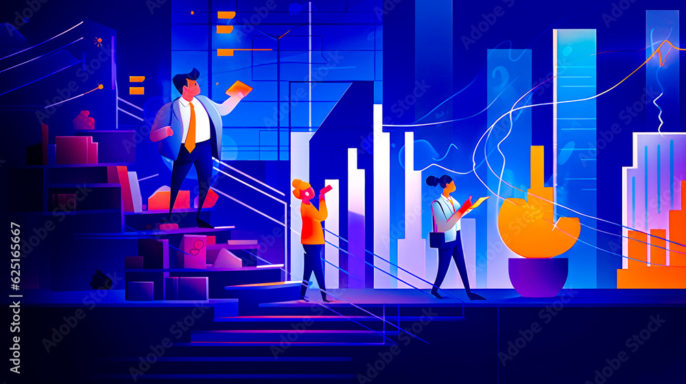 Poster group of people standing on top of set of stairs in front of building. generative ai.