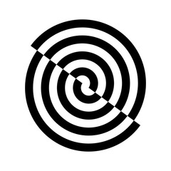 Black weird concentric circles spiral shape with op art effect. Optical illusion two half circle porcelain bowl stripes. Vector illustration.