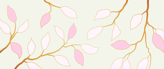 Fototapeta na wymiar Abstract vector botanical background of golden foliage texture. Luxury leafy wallpaper of tropical, leafy branches, pink leaves. Design for fabric, banner, print, design, wall decor.