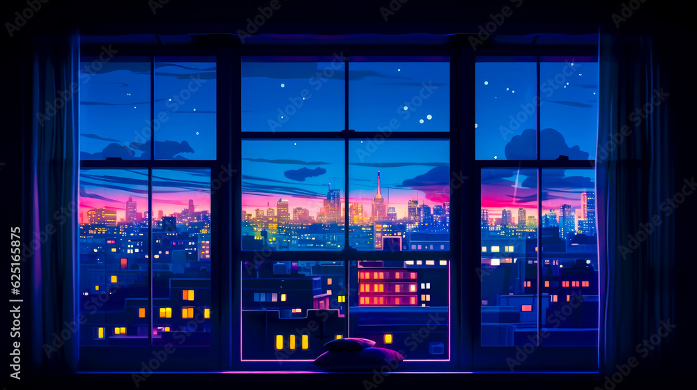 Poster window that has view of city outside of it at night. generative ai.