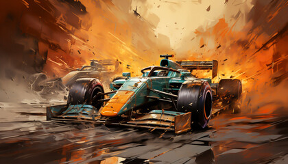 Car racing abstract digital painting, ai generated 