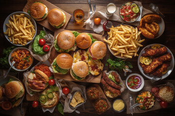 fast food table top view hamburger hot dog snack, ai generation