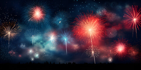 Fototapeta na wymiar Happy new year.Bright red and blue fireworks in night sky 