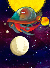 Cartoon funny colorful scene of cosmos galactic alien ufo space craft ship isolated illustration for children