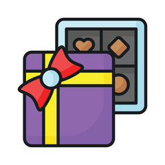 Box of chocolate with ribbon bow, flat vector of chocolate gift