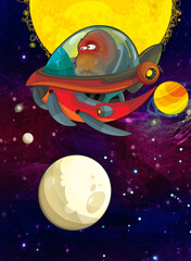 Cartoon funny colorful scene of cosmos galactic alien ufo space craft ship isolated illustration for children