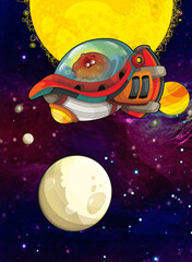 Cartoon funny colorful scene of cosmos galactic alien ufo space craft ship isolated illustration for children