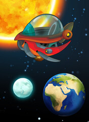 Cartoon funny colorful scene of cosmos galactic alien ufo space craft ship isolated illustration for children