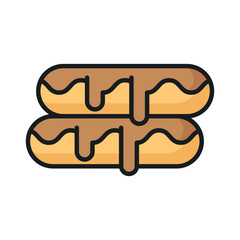 A small, soft, log shaped pastry filled with chocolate, modern flat eclair icon