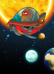 Cartoon funny colorful scene of cosmos galactic alien ufo space craft ship isolated illustration for children