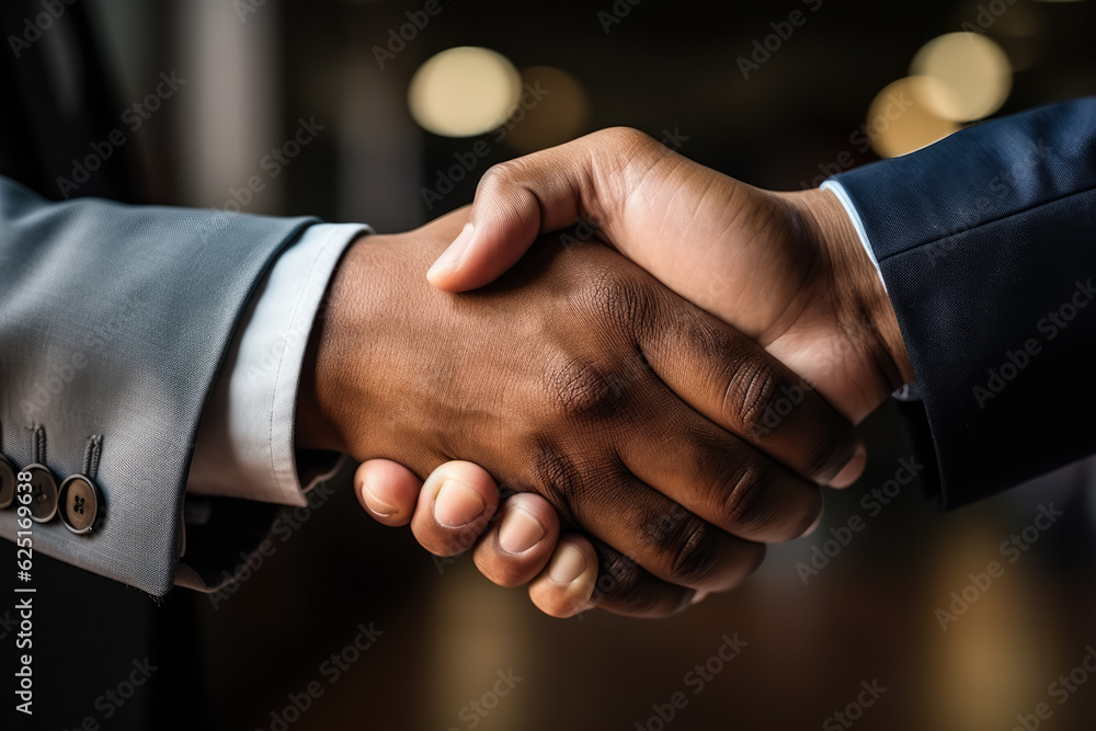 Aufkleber businessman shaking hands with a client in a meeting room; illustration with empty space for text