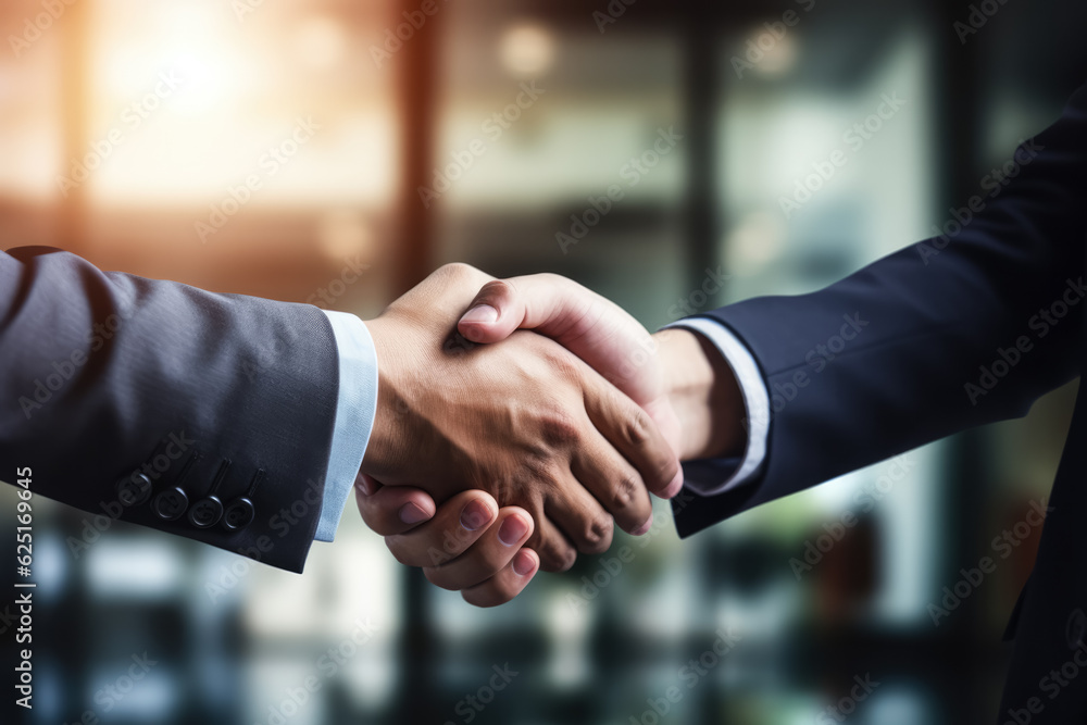 Poster businessman shaking hands with a client in a meeting room; illustration with empty space for text