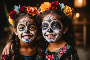 Brazilian siblings painting their faces as skulls for a Halloween parade; illustration with empty space for text 