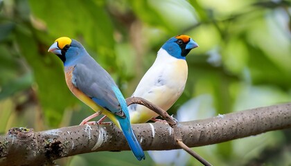 Fototapeta premium Two vibrant Gouldian finches are displayed in close-up and wide-angle