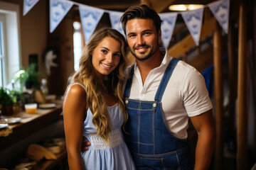 Fototapeta premium Young couple in Bavarian attire decorating their home with Oktoberfest flags and banners; illustration with empty space for text 