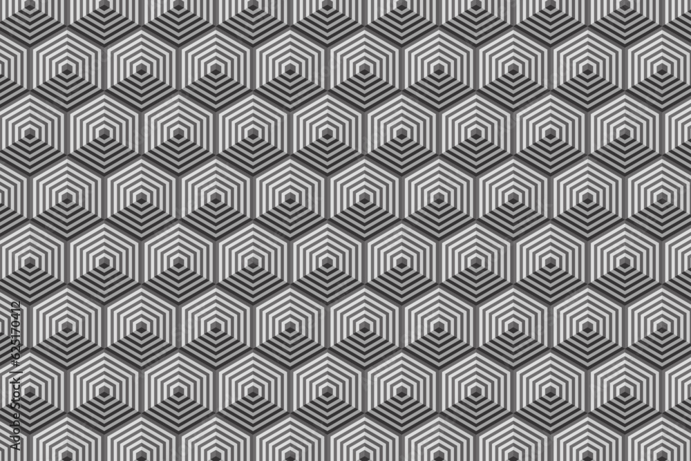 Poster 3d volume optical illusion effect grey hexagon seamless pattern. gray color hexagonal structure geom