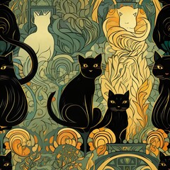 cats seamless pattern in style of nouveau