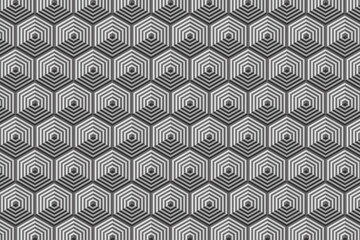 3d volume optical illusion effect grey hexagon seamless pattern. Gray color hexagonal structure geometric background. Vector illustration.