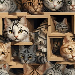 cats seamless pattern in style of trompe loeil