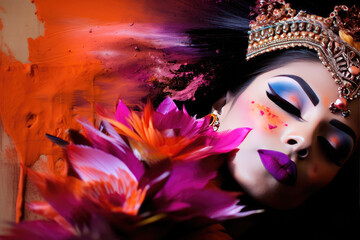 woman wearing a crown with a vibrant flower and ethereal dynamic background