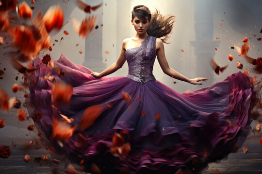 Woman in purple dress dancing in dynamic pose.