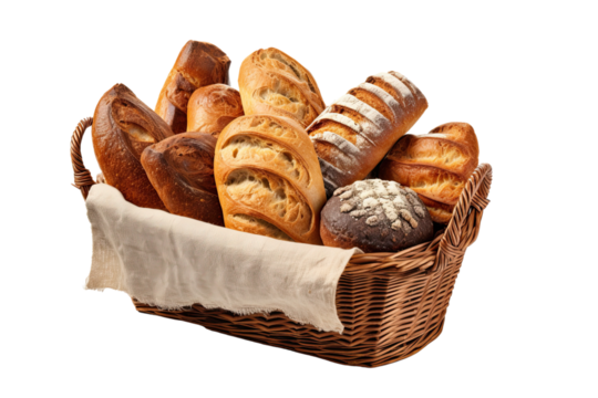 breads in a basket illustration,transparent background, PNG.