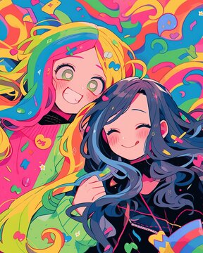 An Expressive Illustration Of Two Cartoon Girls With Long, Flowing Hair, Bursting With Vibrant Colors And Captivating Details, Evoking A Sense Of Joy And Freedom