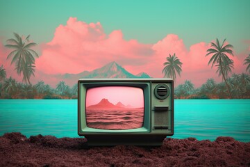 Against a vibrant sky, a lone television stands on the beach between a lake and a lush tree, a peaceful landscape of sand, water, and ground providing a stunning backdrop to the sun setting on the ho