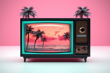 A stunning image of a vibrant television displaying a sunny sky with majestic palm trees adorning the walls of an indoor paradise