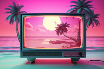 A text-filled monitor radiates in the evening light, reflecting off the serene ocean and swaying palm trees of a distant beach