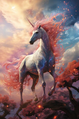 Obraz na płótnie Canvas Majestic portrait of an ethereal mythical Unicorn against a magical cloudy backdrop.