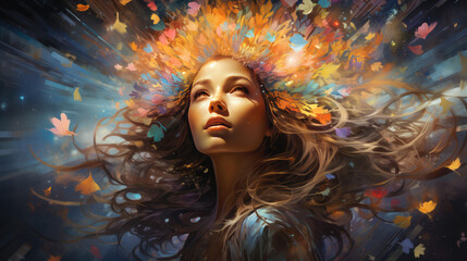 Woman looking upwards with ethereal colourful floral energy emanating from her mind.