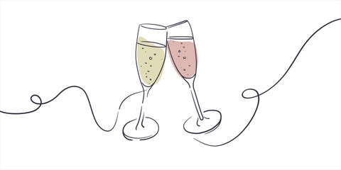 Continuous line champagne cheers one line art, continuous drawing contour. Cheers toast festive decoration for holidays. Vector illustration