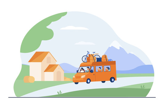 Family traveling in camper van vector illustration. Summer landscape and truck moving along rural road with luggage and bicycle on roof. Summer road trip, family activity concept