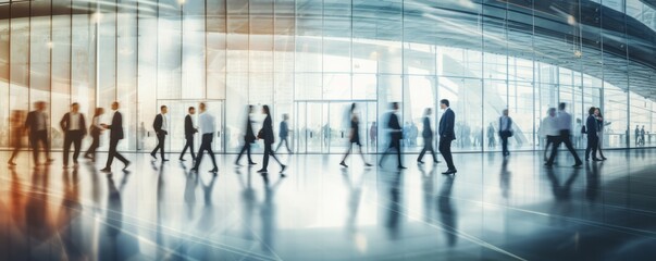 blurred business people walking at a trade fair, conference or walking in a modern hall. Created with generative AI technology.