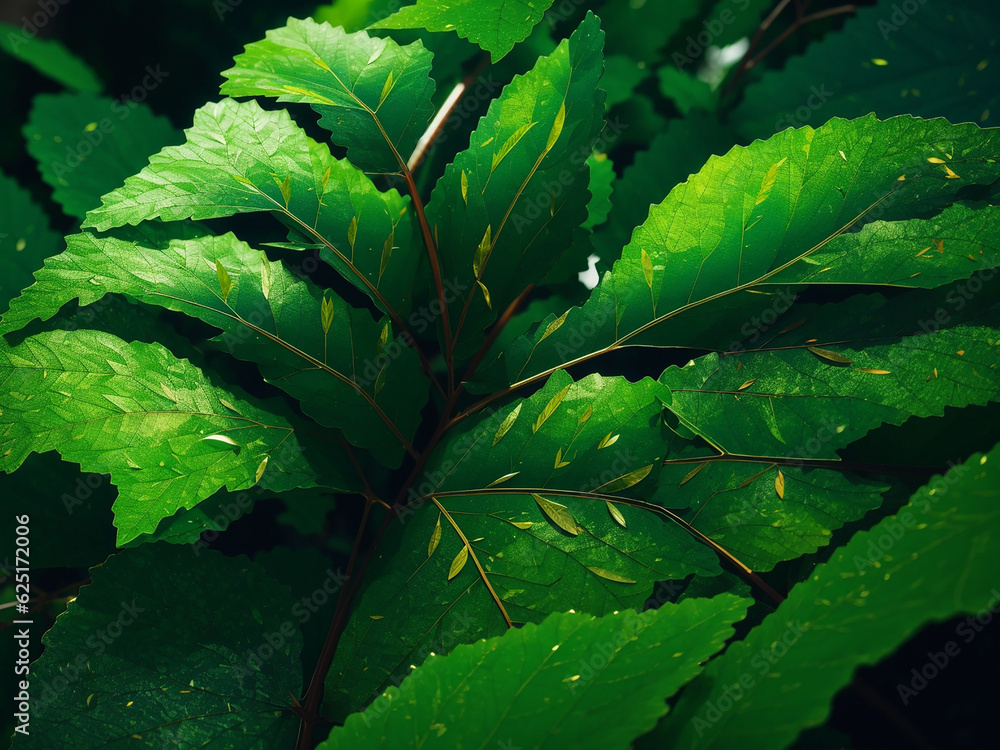 Poster zoom in on tropical leaves with dew drops - ai generative