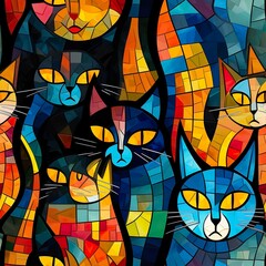 cats seamless pattern in style of mosaic
