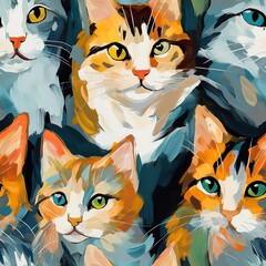 cats seamless pattern in style of oil painting