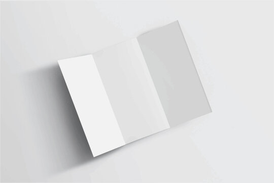 Realistic empty blank white tri-fold mockup, windows and leaf shadow overlay isolated background. 3D Vector Illustration.