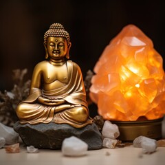 Golden Buddha Statue. Golden Buddha Statue Next to a Himalayan Salt Lamp. Buddhism. Buddha with crystals. Balance and calm energy flow in home. Made With Generative AI. 
