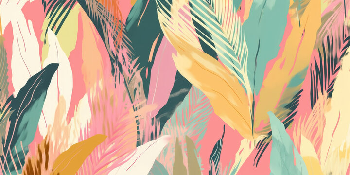 Lush tropical plants and graceful palm trees background photo wallpaper pattern. Soothing palette of delicate pastel hues painted in watercolour. Generative AI illustration