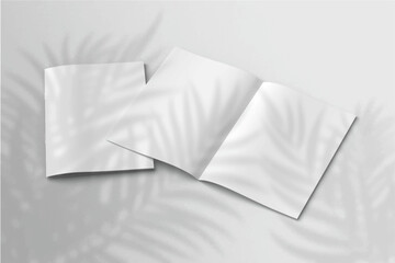 Realistic empty blank A4/A5 flyer, booklet, half-fold, brochure, leaflet, book presentation template design. Window and leaves shadow overlay, isolated on white background. 3D Vector Illustration.