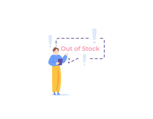 out of stock notification. a man informs that the stock has run out. product inventory management. information and announcements. illustration concept design. vector elements. white background