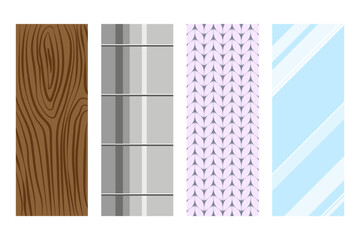 Different material textures vector illustrations set. Cartoon drawing of wood, metal, fabric and glass patterns for making furniture or decorating house. Interior design, renovation concept