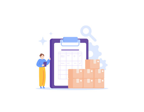 Inventory management. Stock take dan stock opname. check the amount of product inventory and reduce excess product stock. warehouse staff, admin, supervisor. workers and tasks. illustration concept 