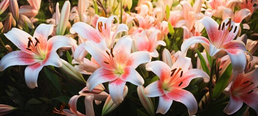 Flowers background banner - Closeup of white pink beautiful blooming lilies, lilie, lilly (lilium) field (Generative Ai)