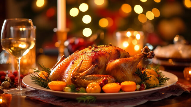 Closeup photo of tasty baked turkey with fresh vegetable on festive family dinner. Generative ai