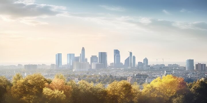 Modern Cityscape with Skyline View, Business Concept, Panoramic Landscape with Buildings, Forest and Park Background Generative AI illustrations